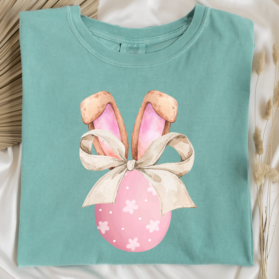 Customized adult comfort colors chalky mint watercolor peach egg with white flowers and brown floppy skinny bow and bunny ears matching crewneck and hoodies available In adult and youth sizes