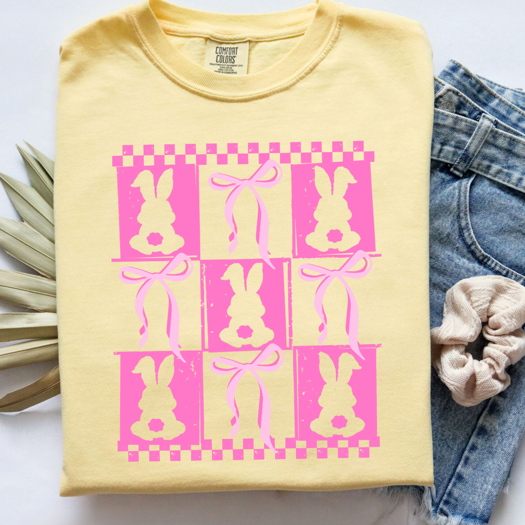 Customized pink bunny silhouette 3x3 with checkerboard and bows comfort colors butter yellow adult graphic tee matching youth available