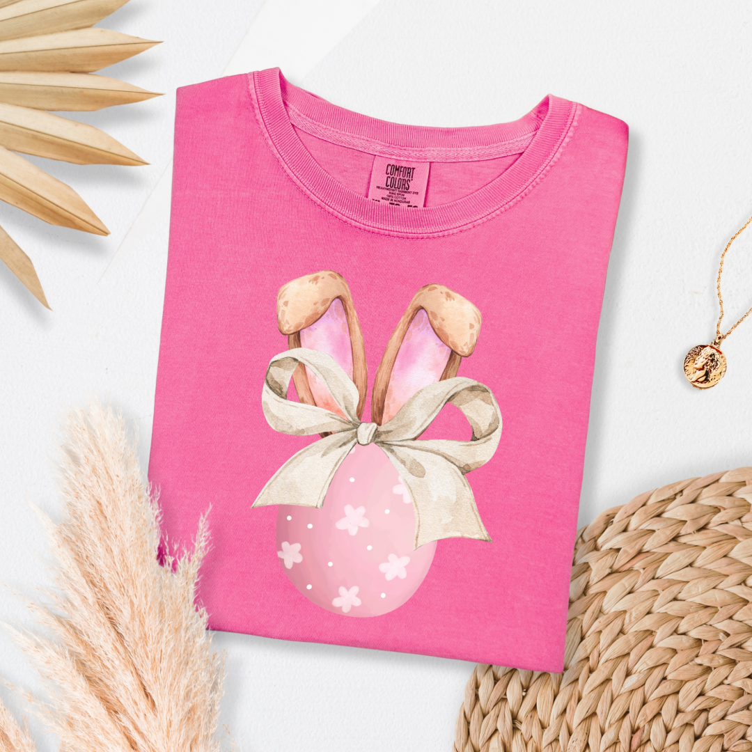 Customized adult comfort colors crunchberry pink watercolor peach egg with white flowers and brown floppy skinny bow and bunny ears matching crewneck and hoodies available In adult and youth sizes