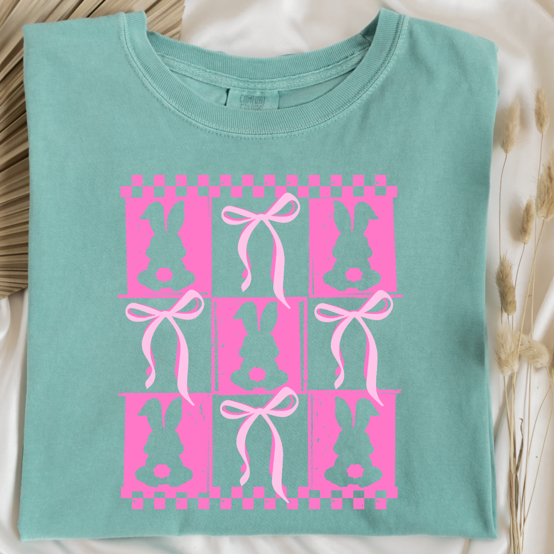 Customized pink bunny silhouette 3x3 with checkerboard and bows comfort colors chalky mint adult graphic tee matching youth available