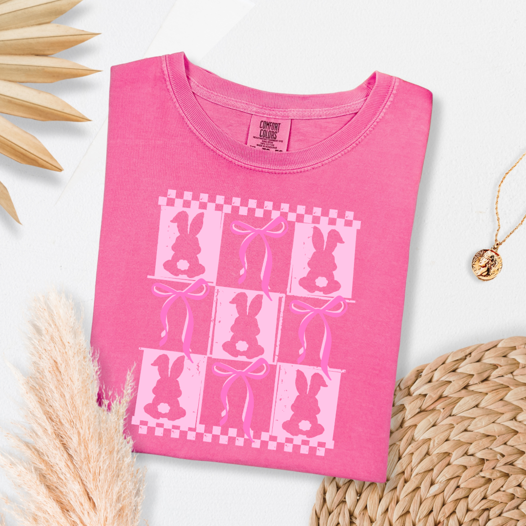 Customized pink bunny silhouette 3x3 with checkerboard and bows comfort colors Crunchberry pink adult graphic tee matching youth available