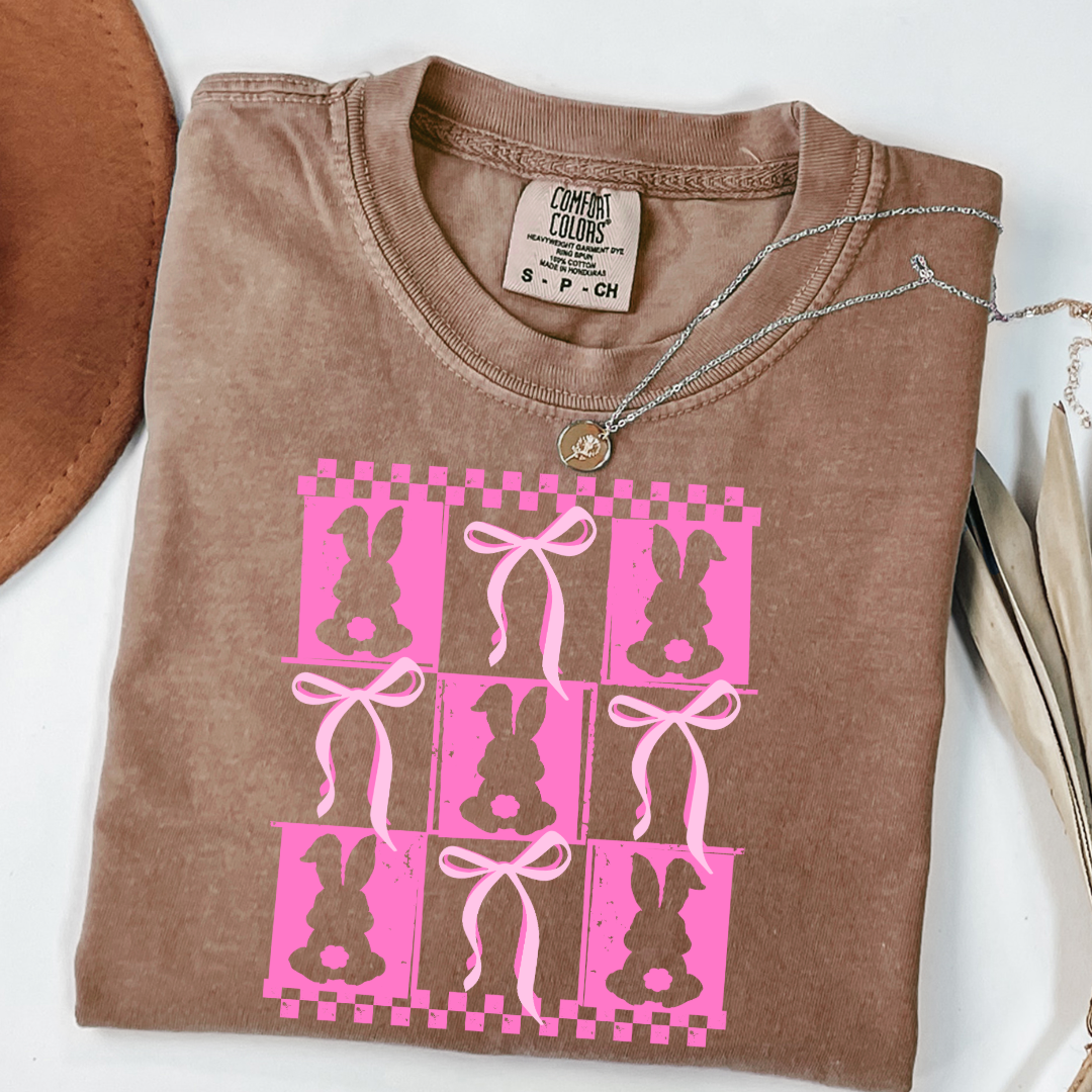 Customized pink bunny silhouette 3x3 with checkerboard and bows comfort colors espresso brown adult graphic tee matching youth available