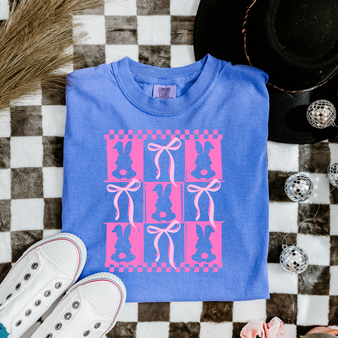 Customized pink bunny silhouette 3x3 with checkerboard and bows comfort colors Flo blue adult/youth graphic tee matching youth available