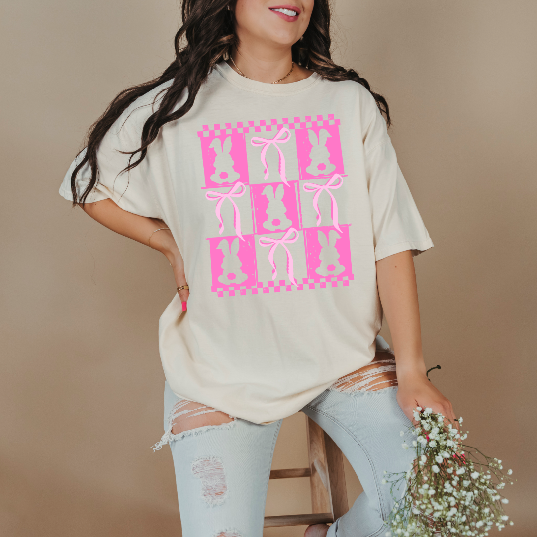Customized pink bunny silhouette 3x3 with checkerboard and bows comfort colors ivory adult graphic tee matching youth available