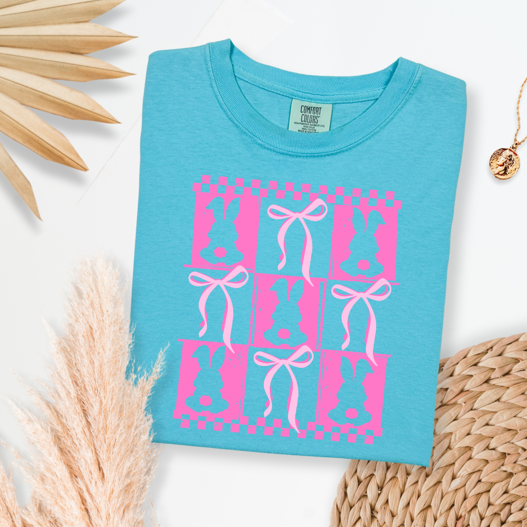 Customized pink bunny silhouette 3x3 with checkerboard and bows comfort colors lagoon blue adult graphic tee matching youth available
