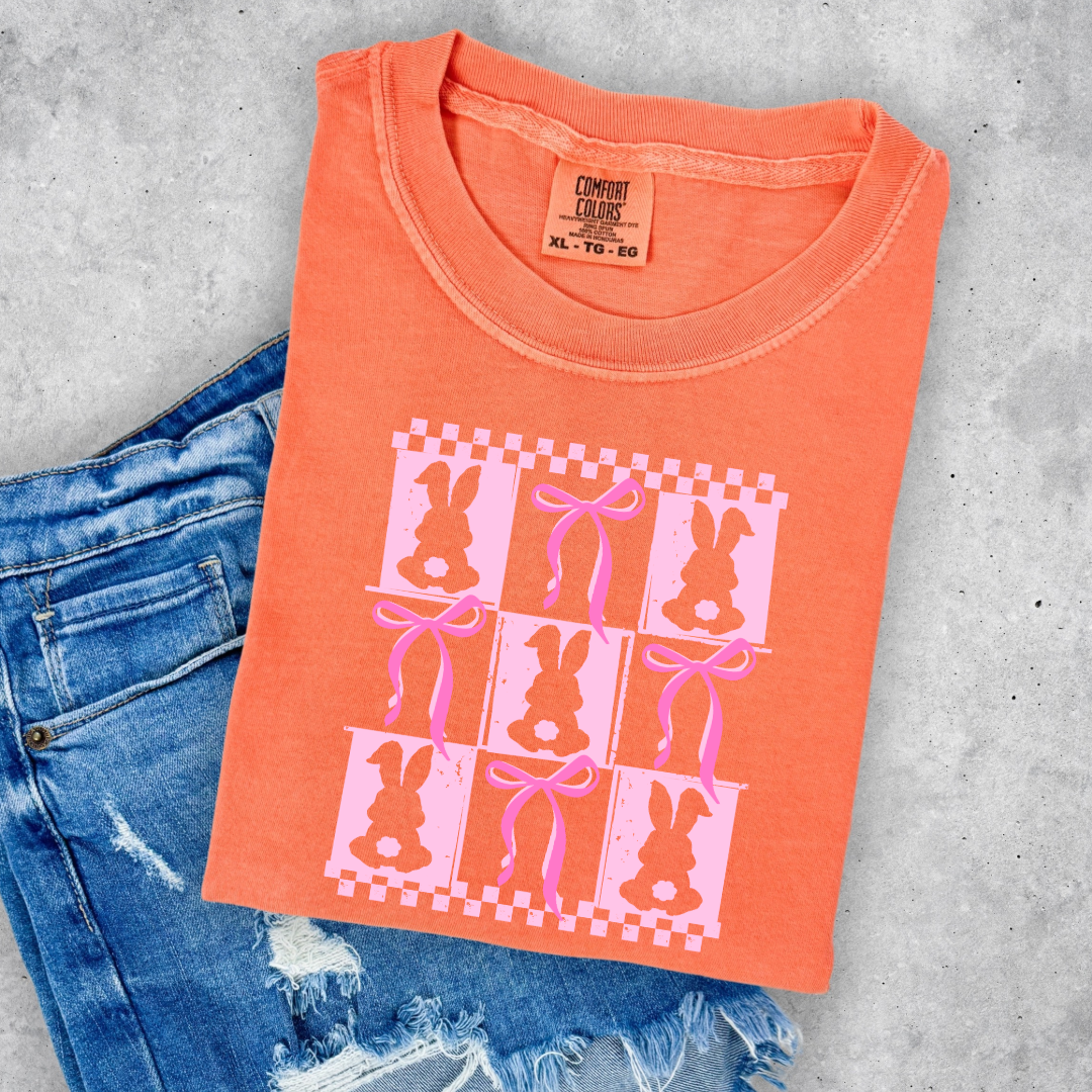 Customized pink bunny silhouette 3x3 with checkerboard and bows comfort colors melon adult graphic tee matching youth available