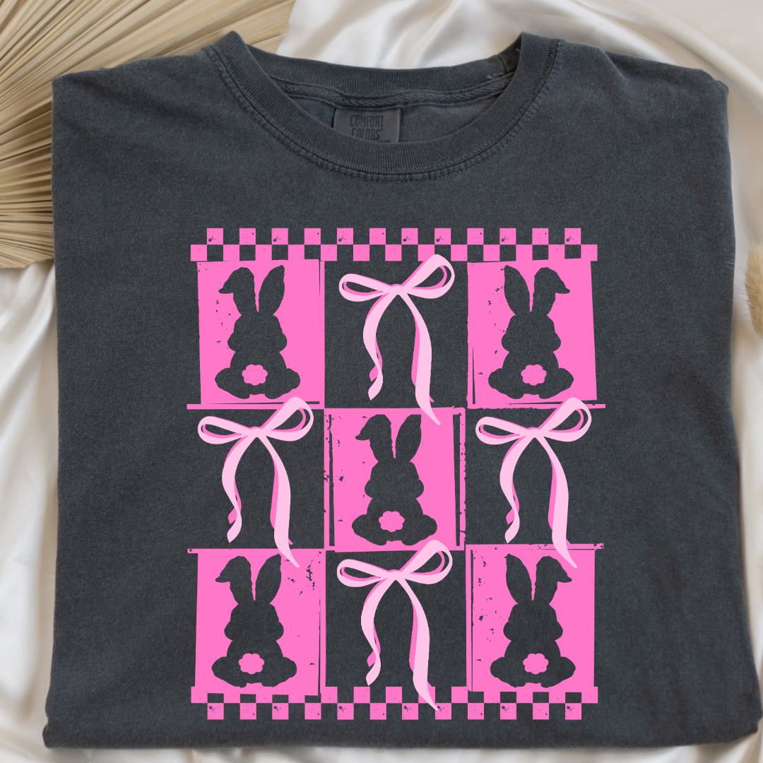 Customized pink bunny silhouette 3x3 with checkerboard and bows comfort colors pepper vintage black adult graphic tee matching youth available