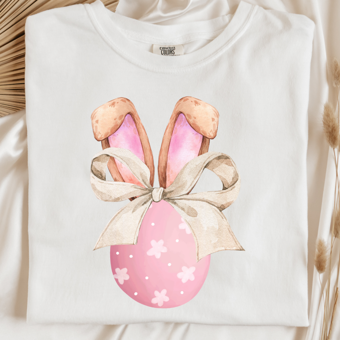 Customized adult comfort colors white watercolor peach egg with white flowers and brown floppy skinny bow and bunny ears matching crewneck and hoodies available In adult and youth sizes