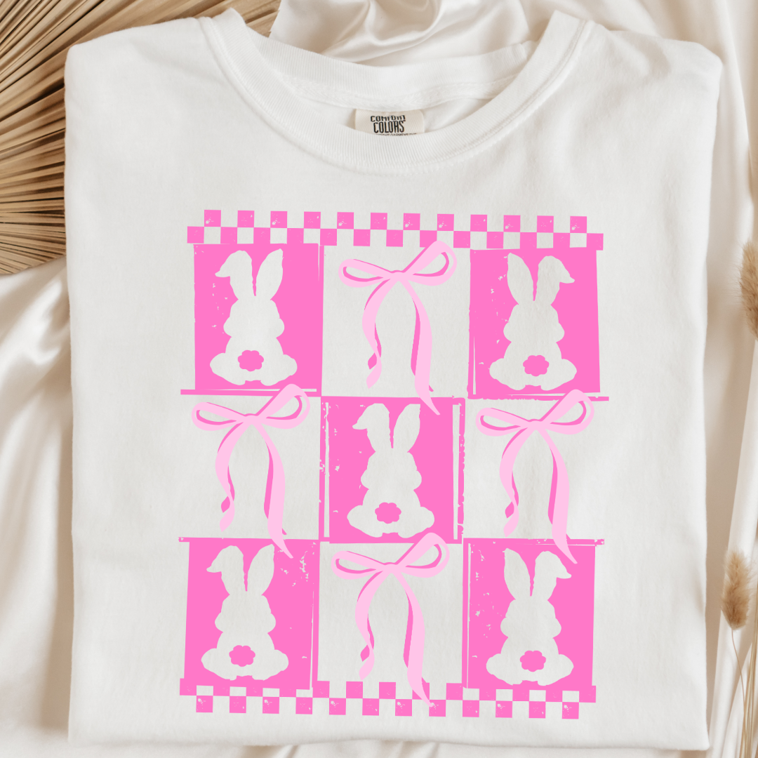 Customized pink bunny silhouette 3x3 with checkerboard and bows comfort colors white adult graphic tee matching youth available