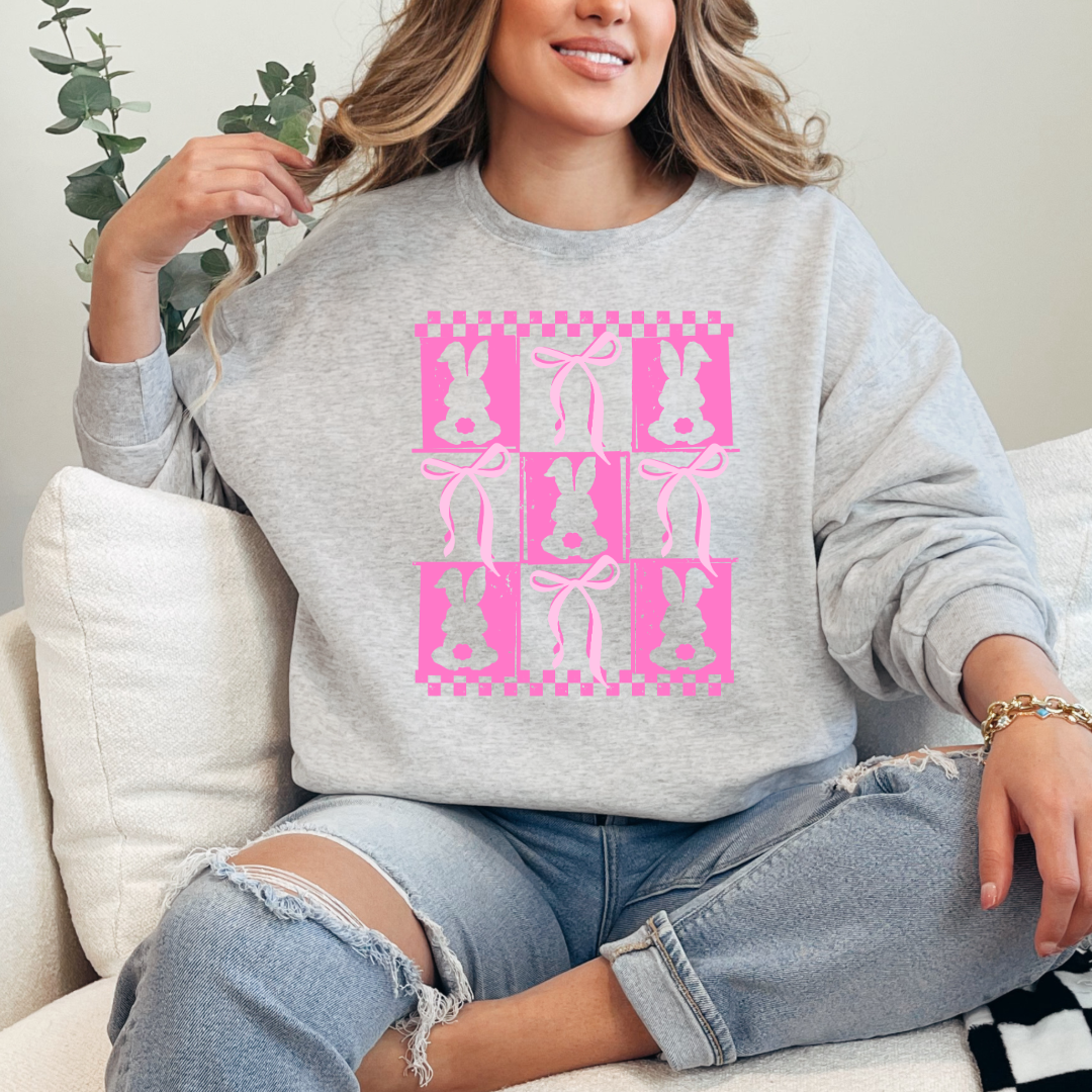 Customized pink bunny silhouette 3x3 with checkerboard and bows adult grey crewneck matching youth available