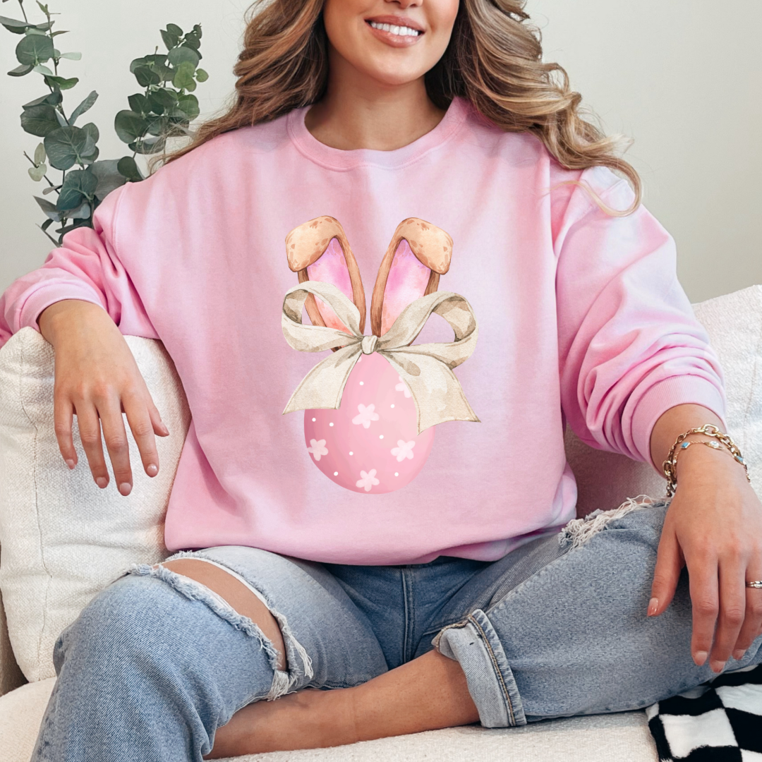 Pink Egg With Bunny Ears & Bow Crewneck & Hoodie