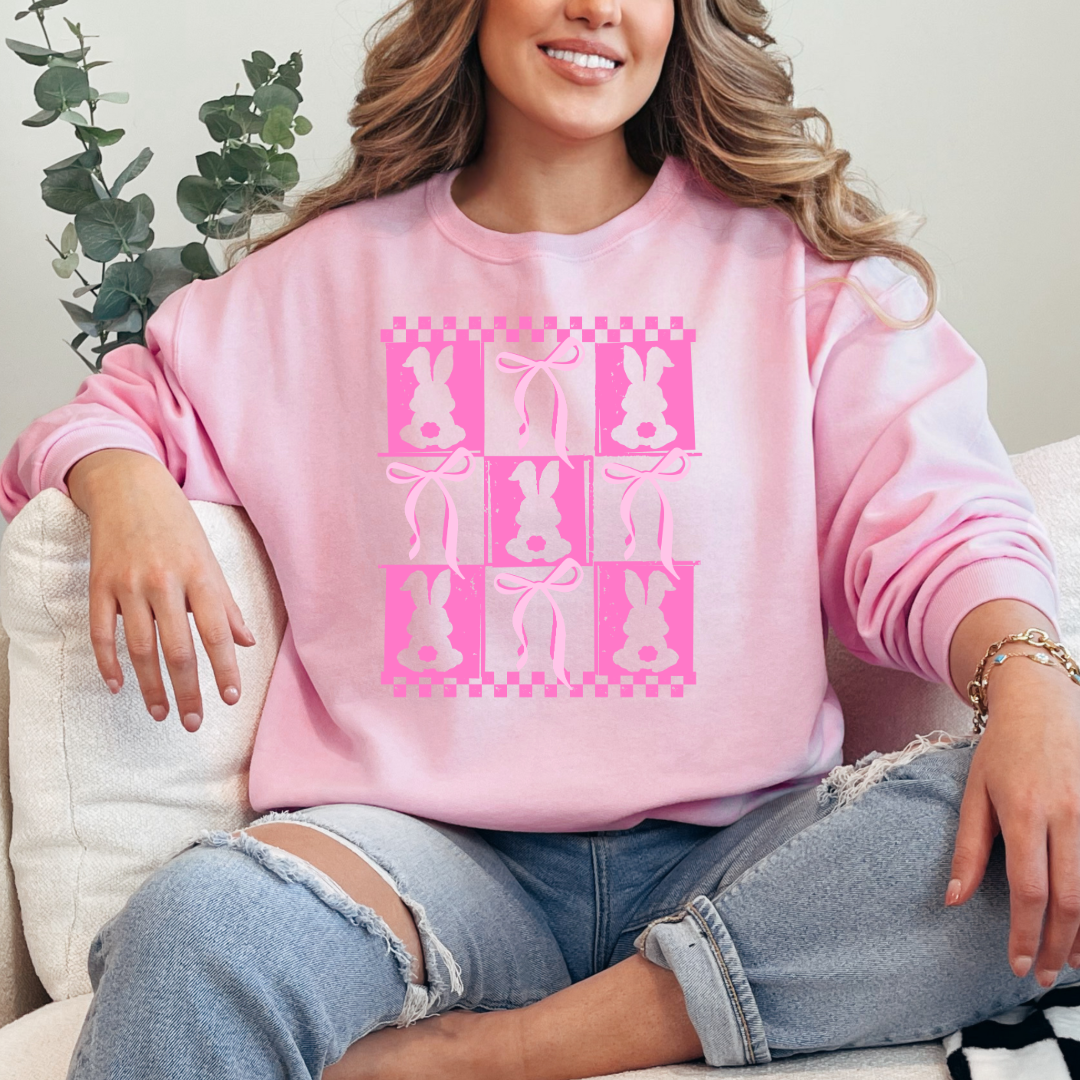 Customized pink bunny silhouette 3x3 with checkerboard and bows adult light pink crewneck matching youth available