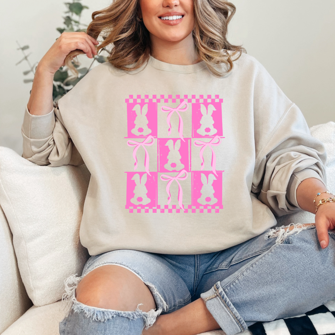 Customized pink bunny silhouette 3x3 with checkerboard and bows adult beige crewneck matching youth available