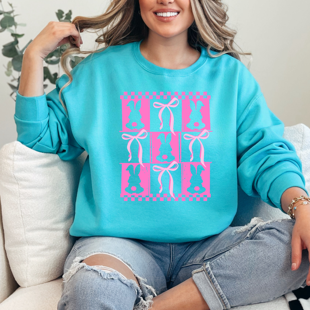 Customized pink bunny silhouette 3x3 with checkerboard and bows adult scuba blue crewneck matching youth available