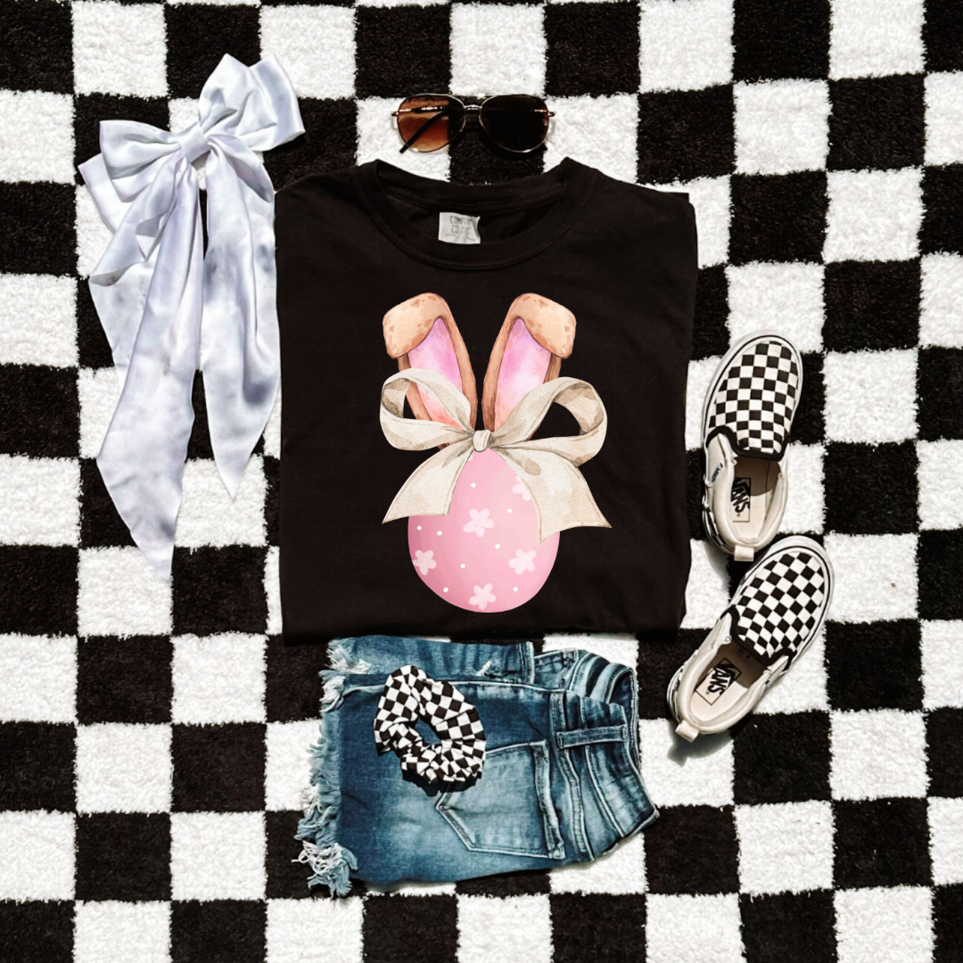 Pink Egg With Bunny Ears & Bow Youth Graphic Tee