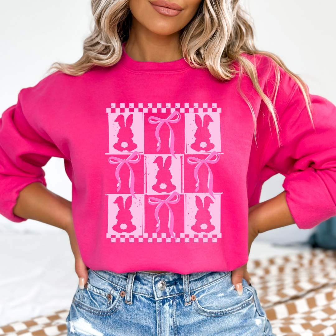 Customized pink bunny silhouette 3x3 with checkerboard and bows adult medium hot pink crewneck matching youth available