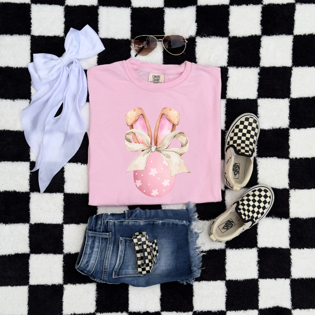Pink Egg With Bunny Ears & Bow Youth Graphic Tee