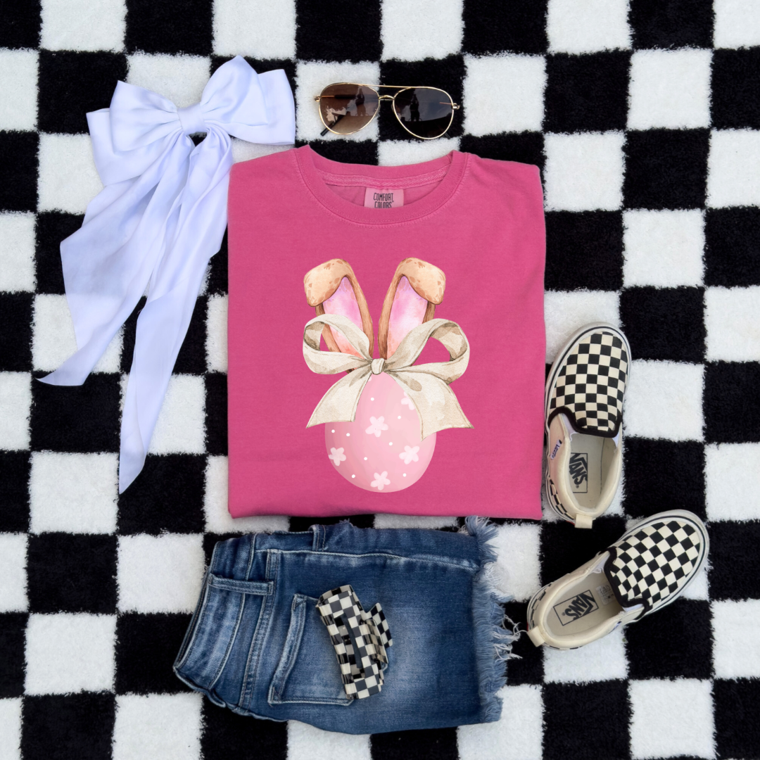 Pink Egg With Bunny Ears & Bow Youth Graphic Tee