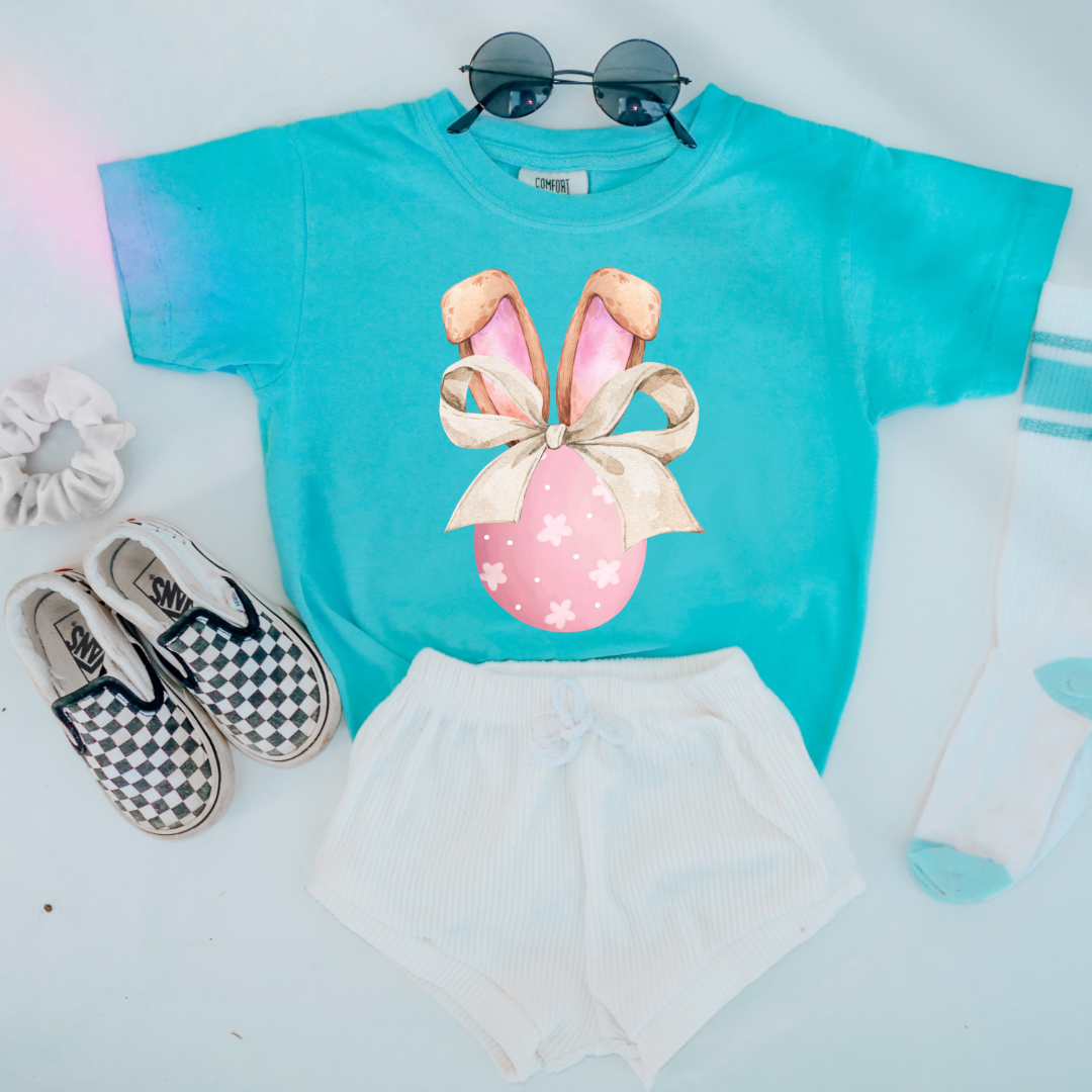 Pink Egg With Bunny Ears & Bow Youth Graphic Tee