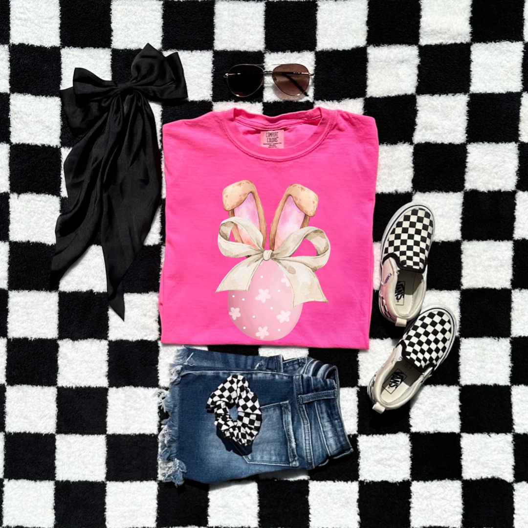 Pink Egg With Bunny Ears & Bow Youth Graphic Tee