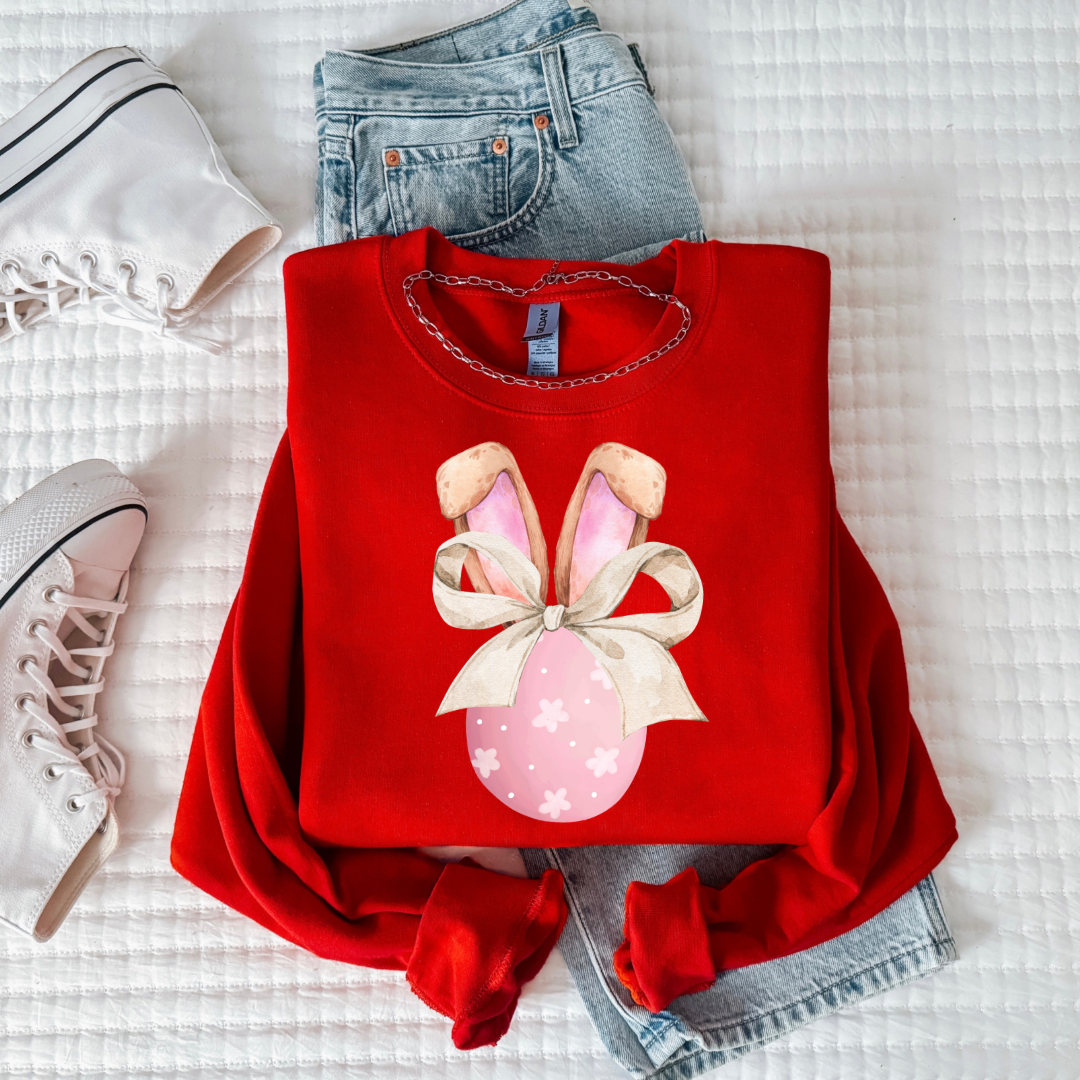 Customized youth red crewneck watercolor egg with white flowers and bunny ears matching tees and hoodies in youth and adult sizes
