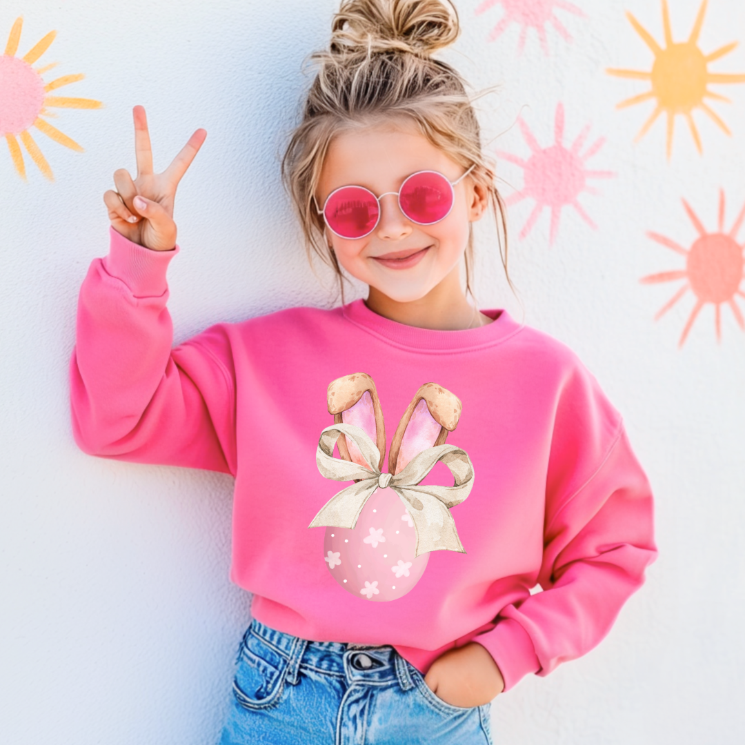 Customized youth hot pink crewneck watercolor egg with white flowers and bunny ears matching tees and hoodies in youth and adult sizes