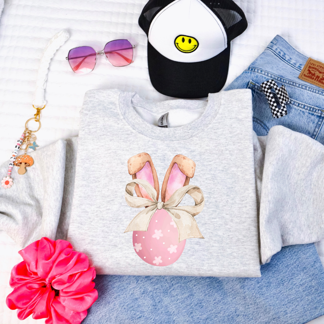 Customized youth grey crewneck watercolor egg with white flowers and bunny ears matching tees and hoodies in youth and adult sizes