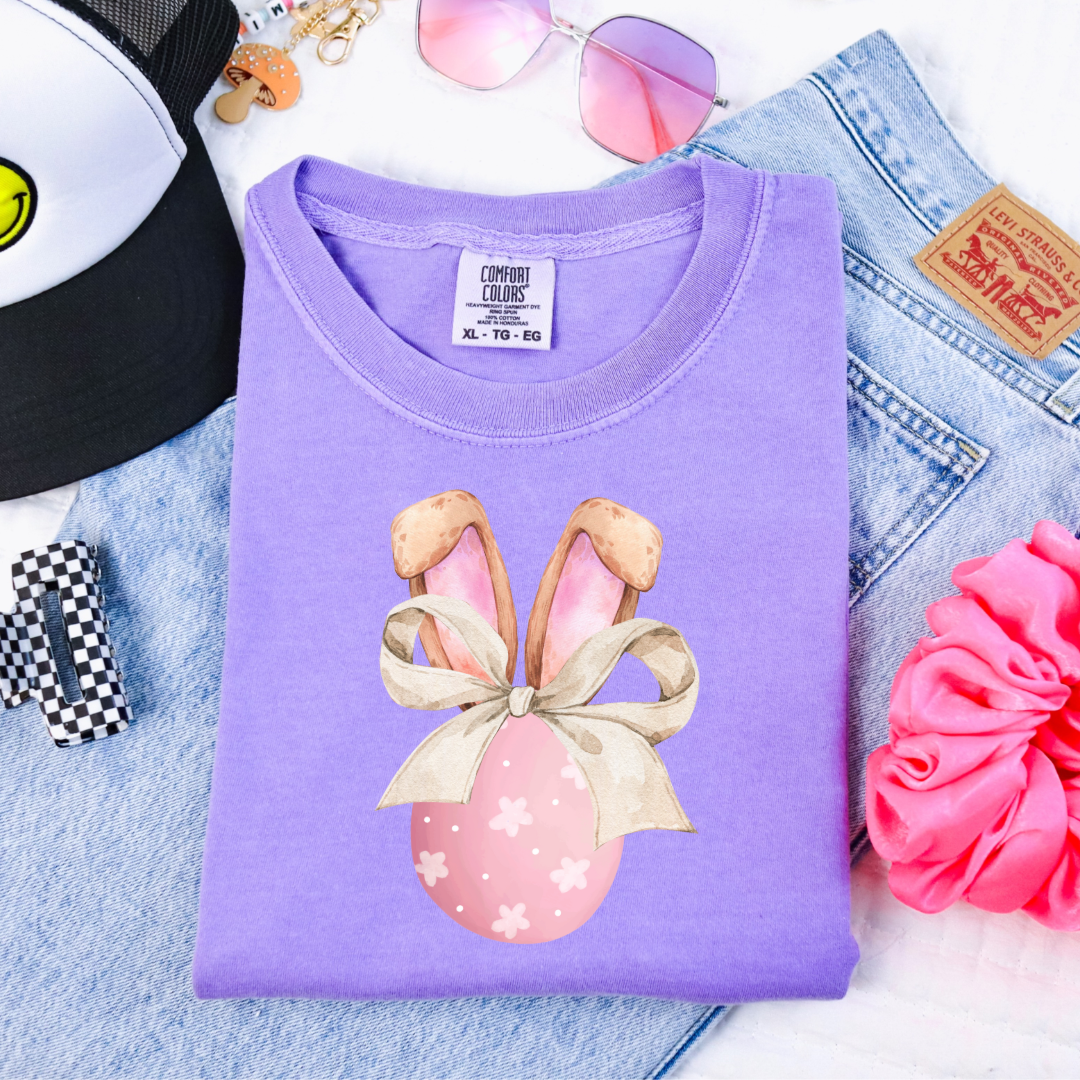 Pink Egg With Bunny Ears & Bow Youth Graphic Tee