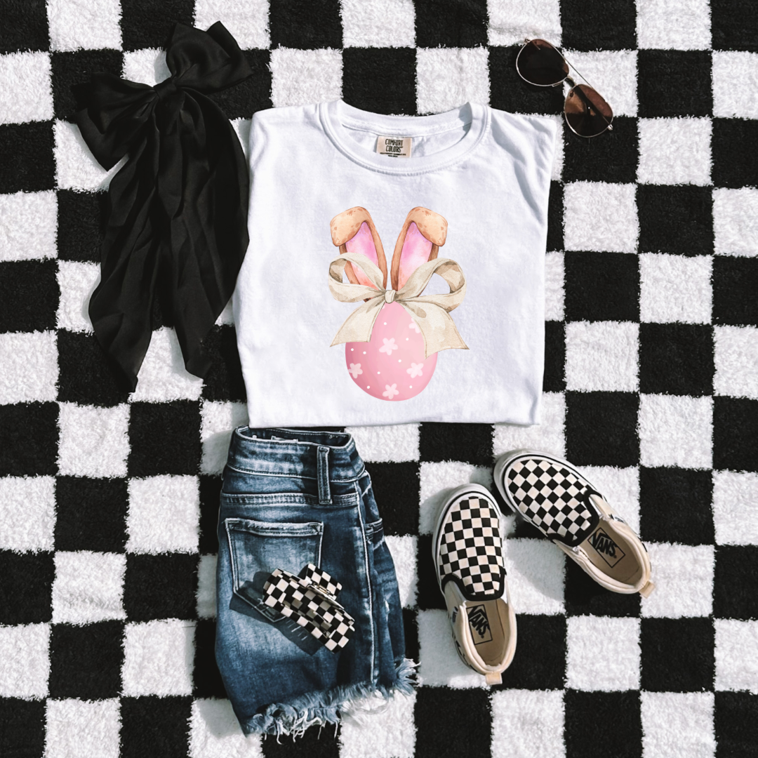 Pink Egg With Bunny Ears & Bow Youth Graphic Tee