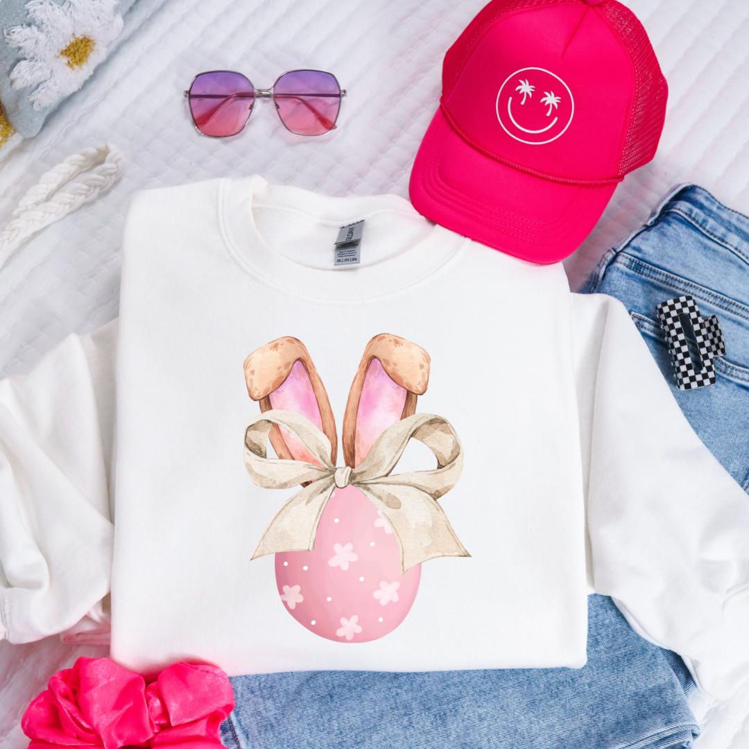 Customized youth white crewneck watercolor egg with white flowers and bunny ears matching tees and hoodies in youth and adult sizes