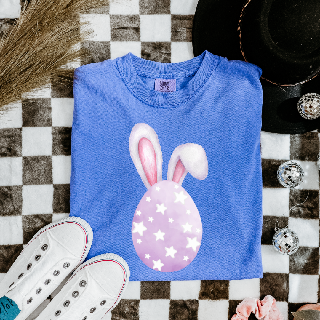 Customized adult/youth comfort colors Flo blue graphic tee with purple watercolor egg with white stars matching crewneck and hoodies available in youth and adult sizes