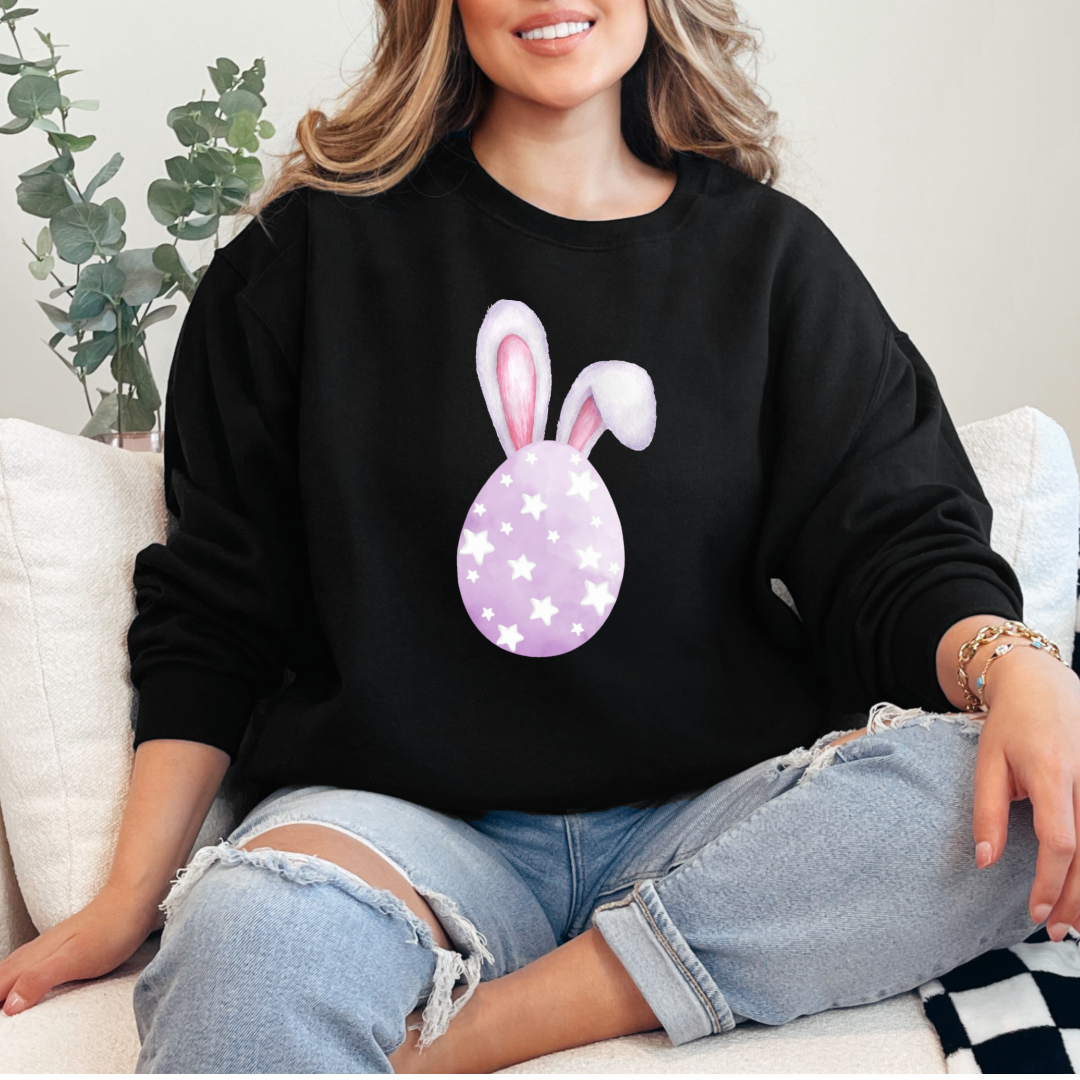 Customized adult black crewneck with purple watercolor egg with white stars matching tees and hoodies available in youth and adult sizes