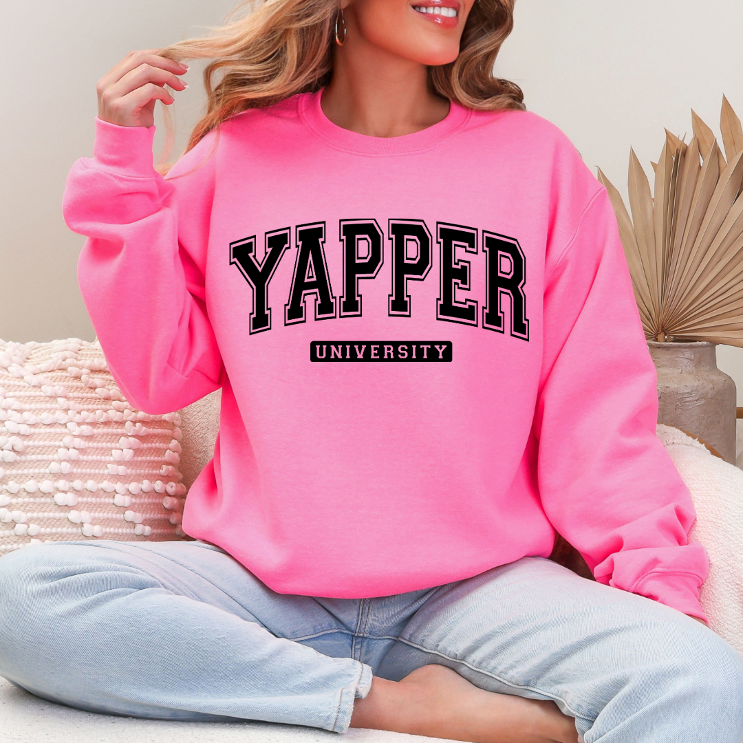 Customized adult hot Pink Crewneck with black varsity lettering yapper university Matching hoodies and Graphic tees in adult and youth sizes available.