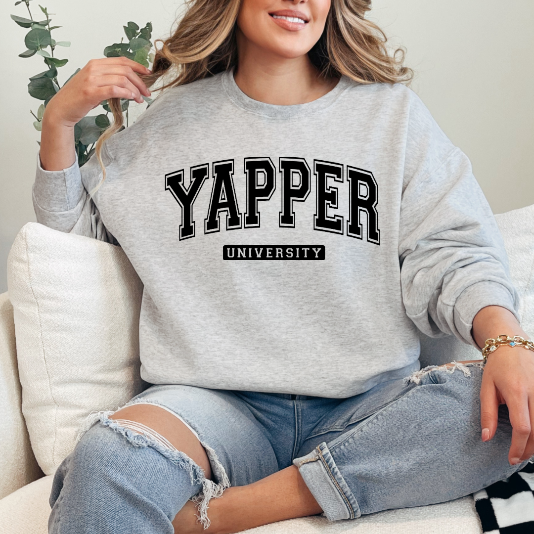 Customized adult Grey Crewneck with black varsity lettering yapper university Matching hoodies and Graphic tees in adult and youth sizes available.