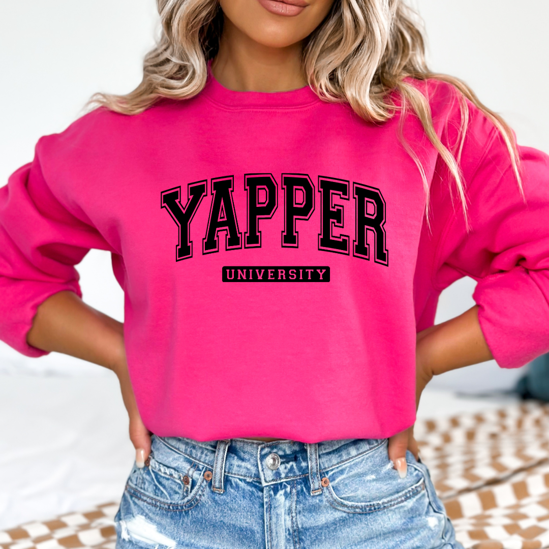 Customized adult medium hot Pink Crewneck with black varsity lettering yapper university Matching hoodies and Graphic tees in adult and youth sizes available.
