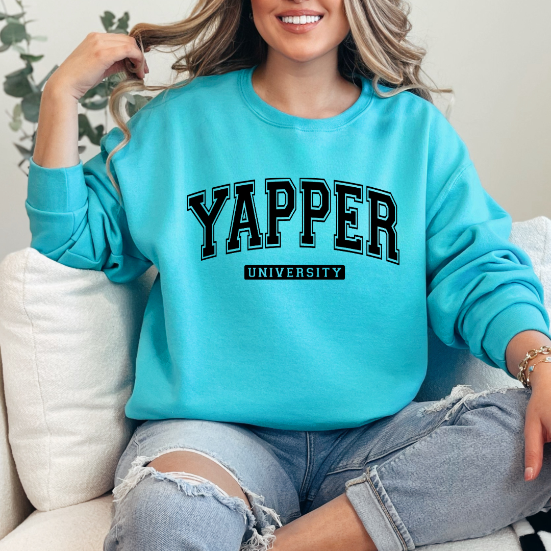 Customized adult Scuba blue Crewneck with black varsity lettering yapper university Matching hoodies and Graphic tees in adult and youth sizes available.