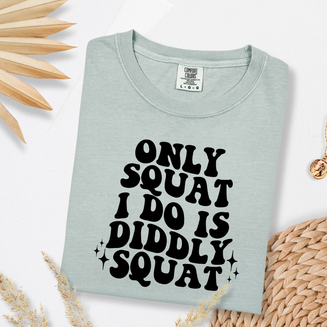 Customized Adult Comfort Colors Baby Green graphic tee with bubble letters only squat I do is diddly squat with 3 twinkles on each side. Matching hoodies and crewnecks in youth and adult sizes available.