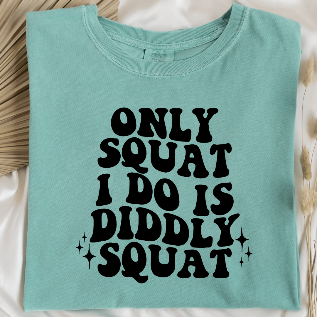 Customized Adult Comfort Colors Chalky Mint graphic tee with bubble letters only squat I do is diddly squat with 3 twinkles on each side. Matching hoodies and crewnecks in youth and adult sizes available.