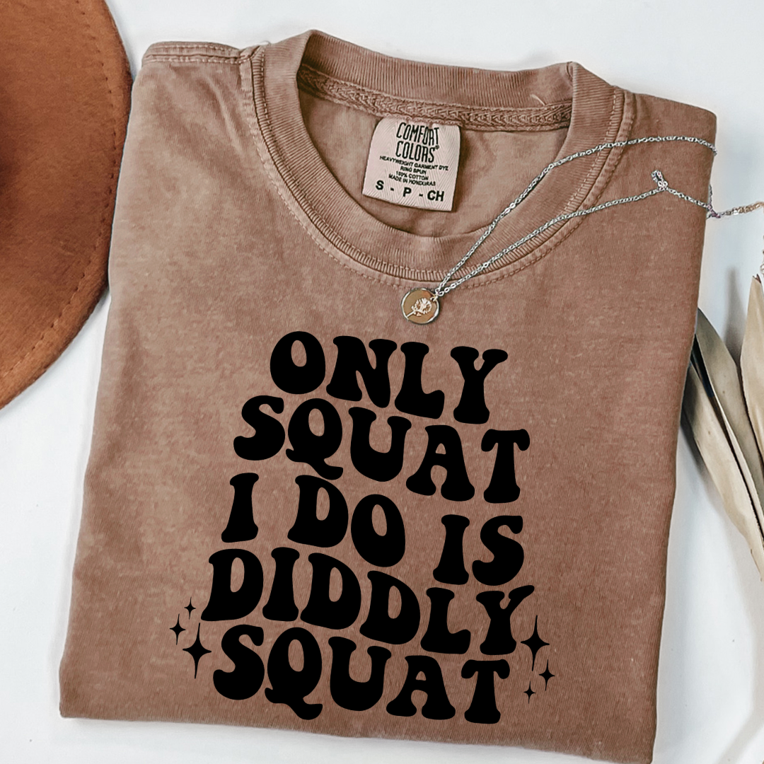Customized Adult Comfort Colors Espresso Brown graphic tee with bubble letters only squat I do is diddly squat with 3 twinkles on each side. Matching hoodies and crewnecks in youth and adult sizes available.