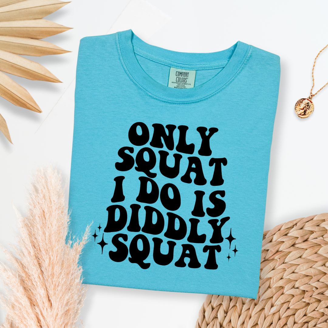 Customized Adult Comfort Colors Lagoon Blue graphic tee with bubble letters only squat I do is diddly squat with 3 twinkles on each side. Matching hoodies and crewnecks in youth and adult sizes available.