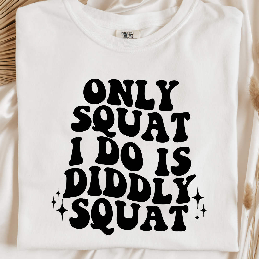 Customized Adult Comfort Colors white graphic tee with bubble letters only squat I do is diddly squat with 3 twinkles on each side. Matching hoodies and crewnecks in youth and adult sizes available.