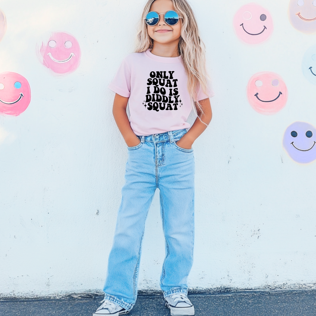 Customized Youth Comfort Colors Blossom Pink graphic tee with bubble letters only squat I do is diddly squat with 3 twinkles on each side. Matching hoodies and crewnecks in youth and adult sizes available.