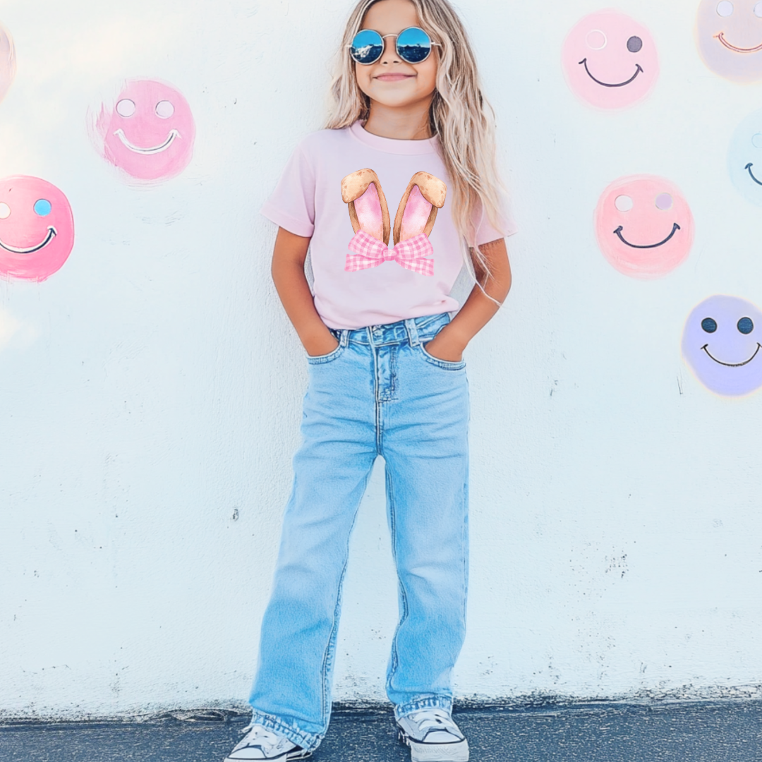 Customized bunny ears silhouette with pink gingham bow watercolor youth comfort colors blossom pink graphic tee matching adult available