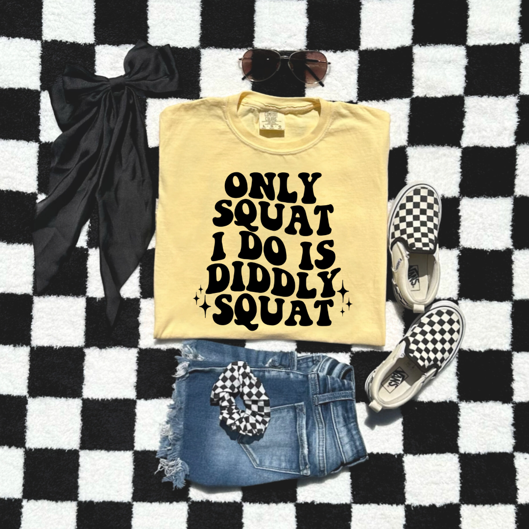 Customized Youth Comfort Colors Butter Yellow graphic tee with bubble letters only squat I do is diddly squat with 3 twinkles on each side. Matching hoodies and crewnecks in youth and adult sizes available.