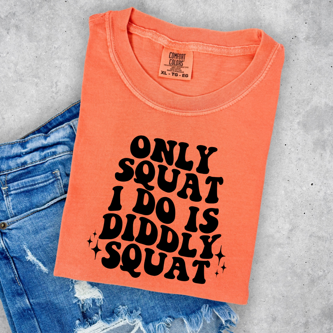 Customized Youth Comfort Colors Melon Orange graphic tee with bubble letters only squat I do is diddly squat with 3 twinkles on each side. Matching hoodies and crewnecks in youth and adult sizes available.