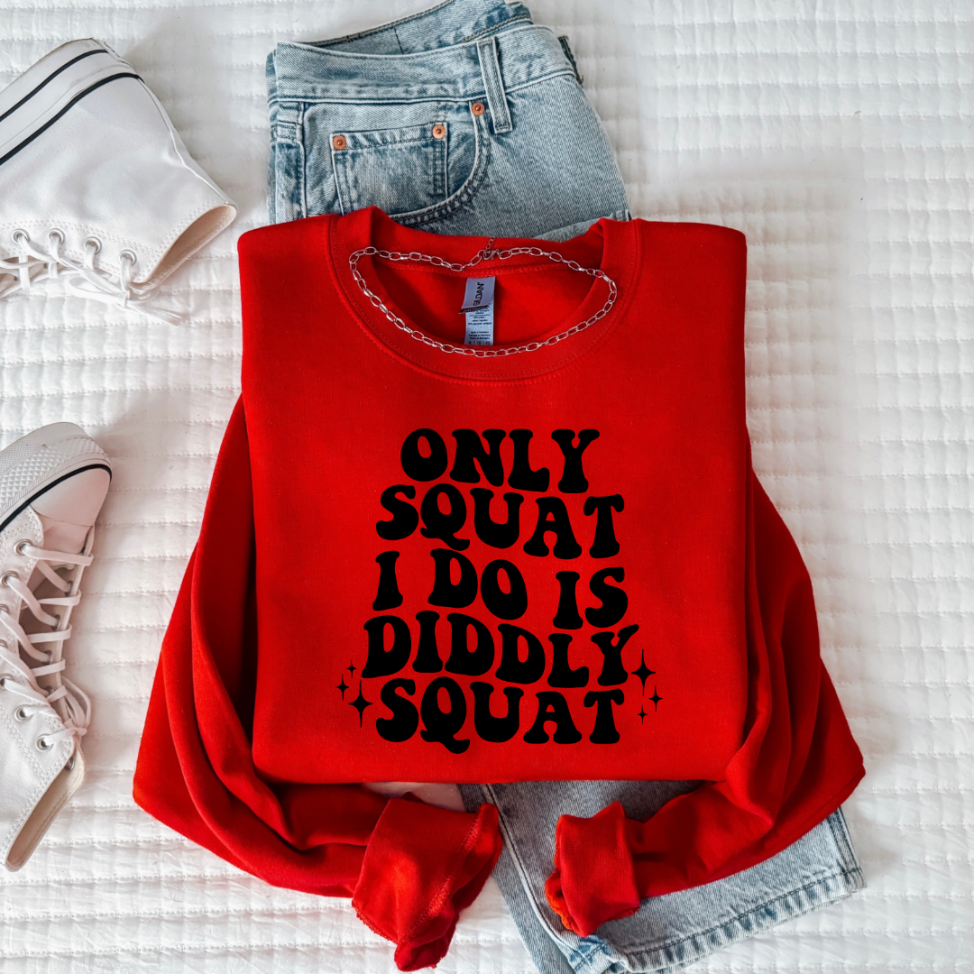 Customized Youth Red Crewneck with bubble letters only squat I do is diddly squat with 3 twinkles on each side. Matching hoodies and Graphic tees in youth and adult sizes available.
