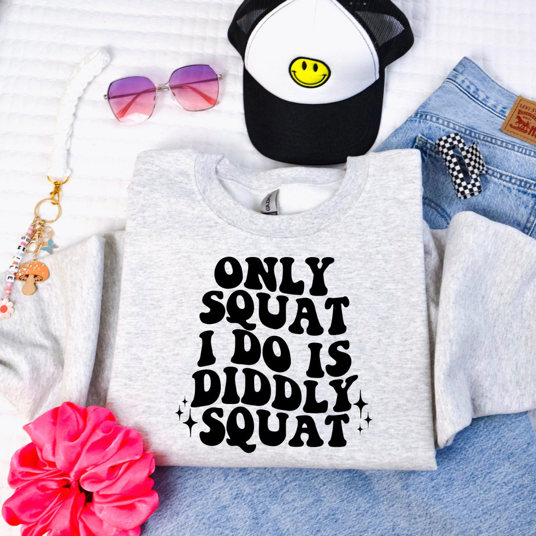 Customized Youth Grey Crewneck with bubble letters only squat I do is diddly squat with 3 twinkles on each side. Matching hoodies and Graphic tees in youth and adult sizes available.