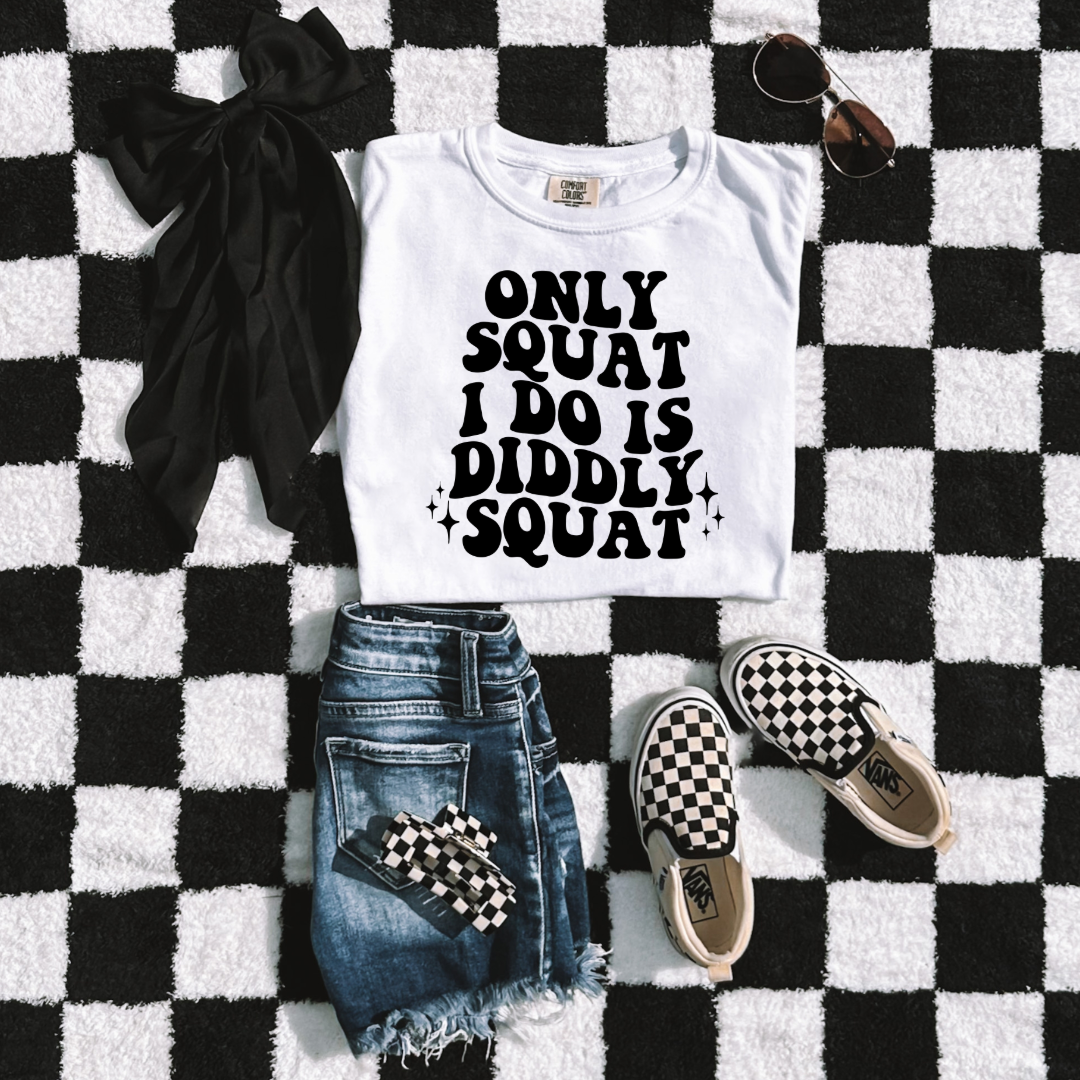 Customized Youth Comfort Colors White graphic tee with bubble letters only squat I do is diddly squat with 3 twinkles on each side. Matching hoodies and crewnecks in youth and adult sizes available.