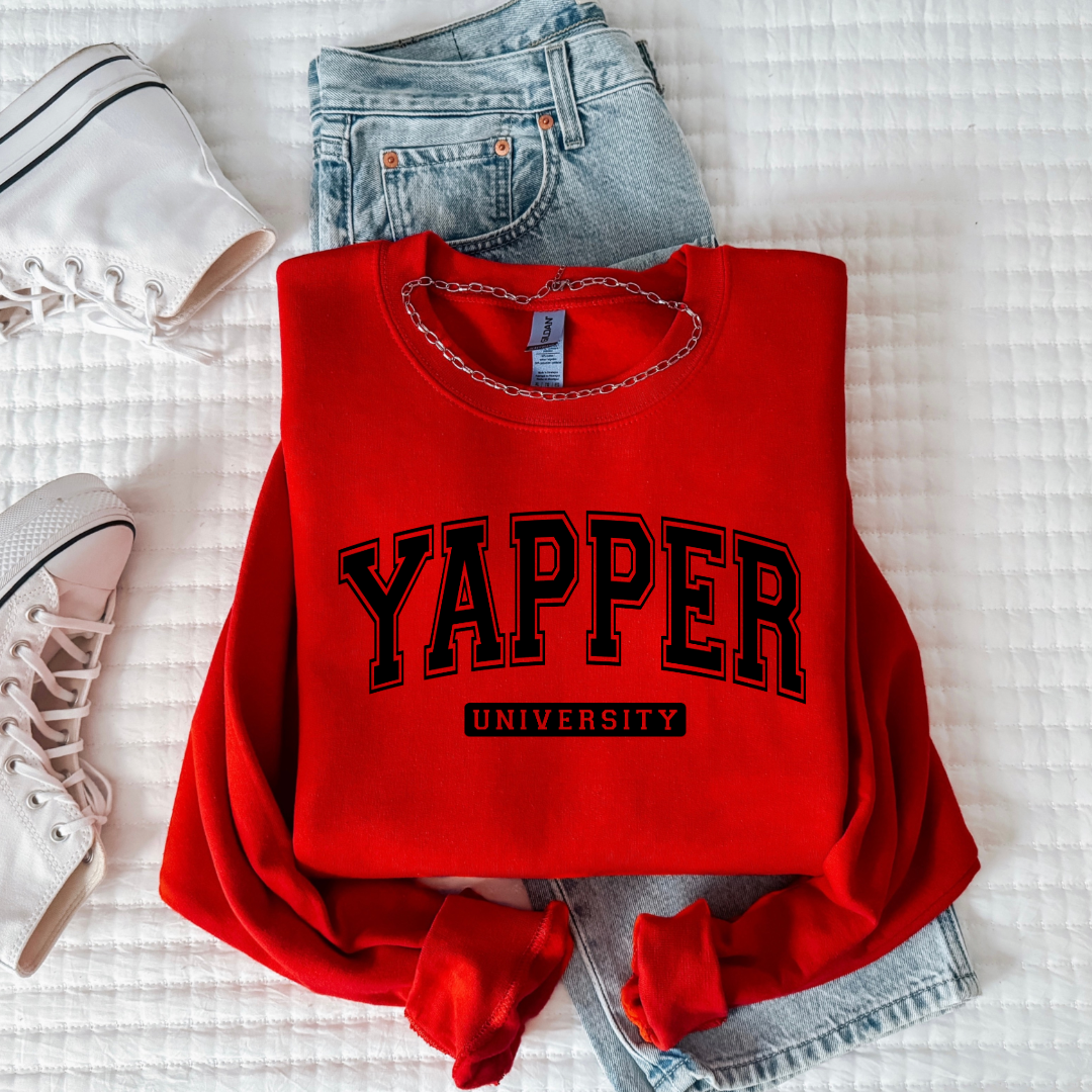 Customized adult red Crewneck with black varsity lettering yapper university Matching hoodies and Graphic tees in adult and youth sizes available.