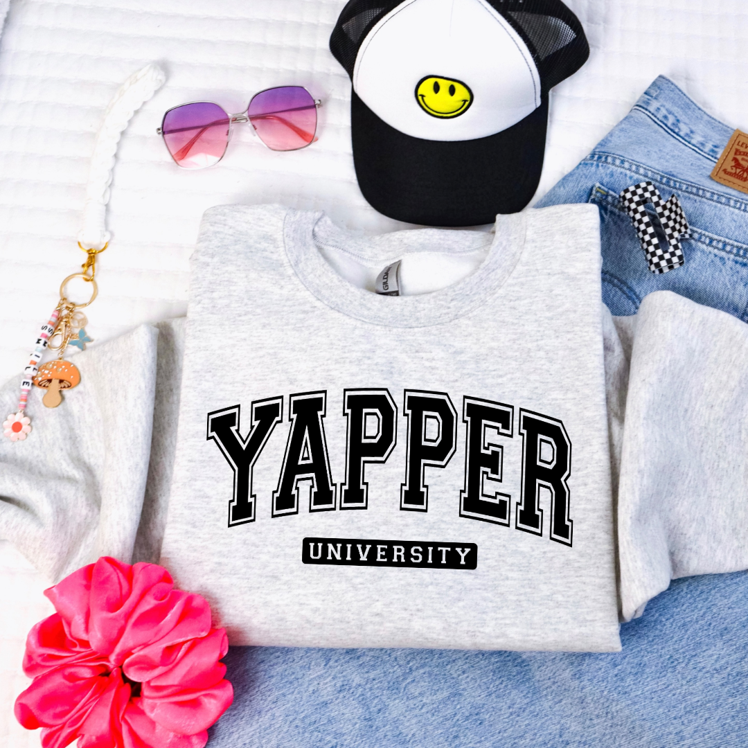 Customized adult Grey Crewneck with black varsity lettering yapper university Matching hoodies and Graphic tees in adult and youth sizes available.